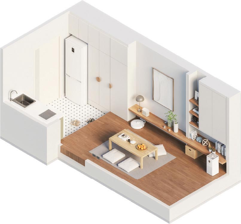 ภาพ 3D ไอโซเมตริกของห้องครัวและพื้นที่นั่งเล่น โดย OBJ Design & Build