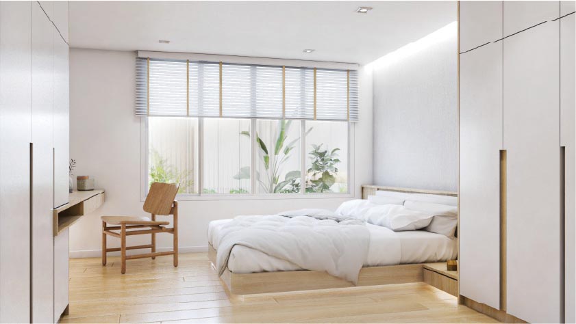ภาพ Render ห้องนอนโทนสว่างเสมือนจริง โดย OBJ Design & Build