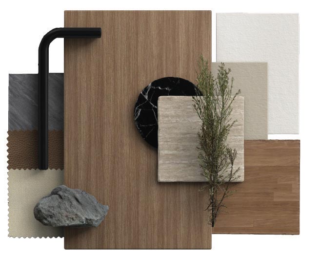 บอร์ดชุดวัสดุจริง ลามิเนต ไม้ และผ้า ที่จัดชุดให้กลมกลืนตามแบบ โดย OBJ Design & Build